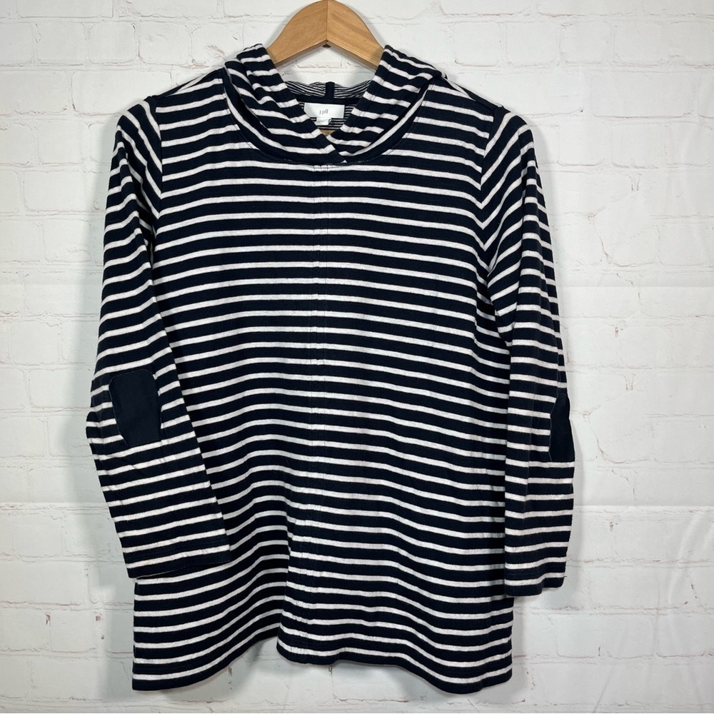 J Jill Petite Elbow Patch Striped Hoodie Size Small Blue White Long Sleeve
